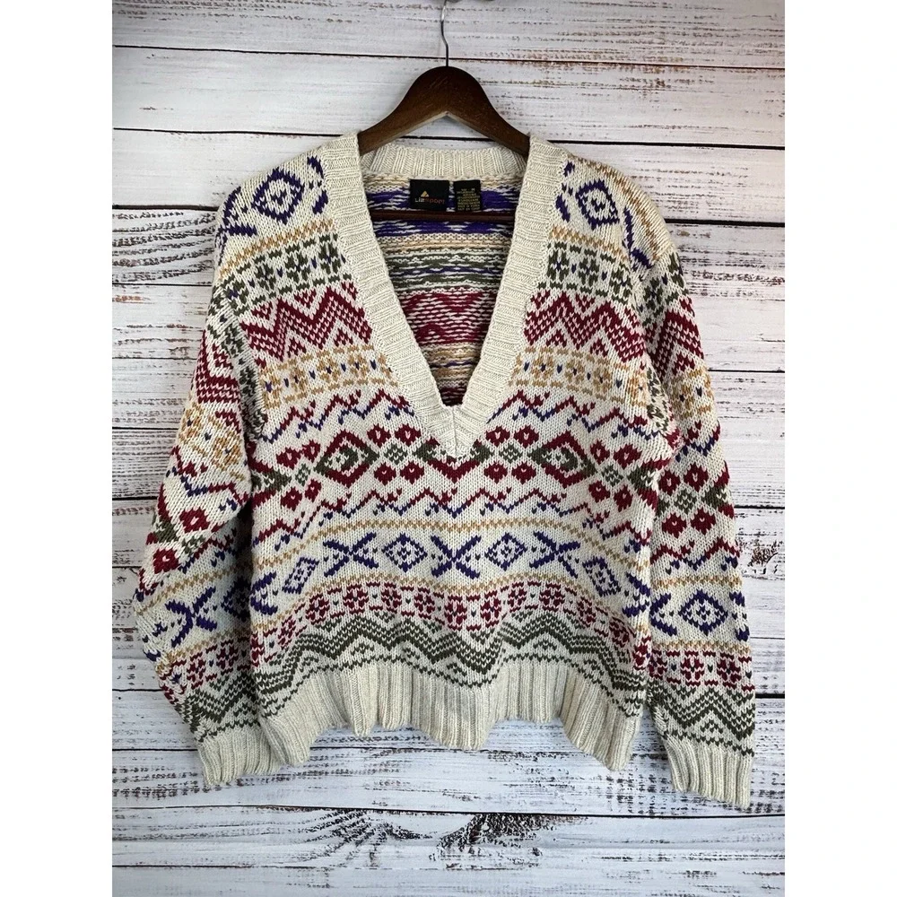 Vintage 90s Fair Isle Cotton/Wool Sweater Cream Multicolor Deep V-Neck Apres Ski